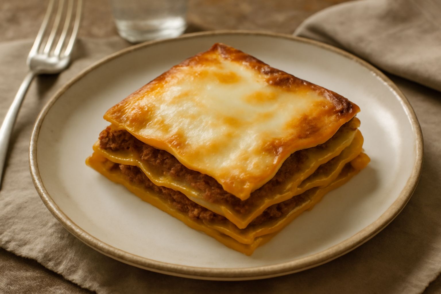 Porzione di lasagne della Langa tagliata nel piatto bianco, con strati ben visibili di pasta gialla, ragù rosso scuro e besciamella bianca, guarnita con formaggio grattugiato