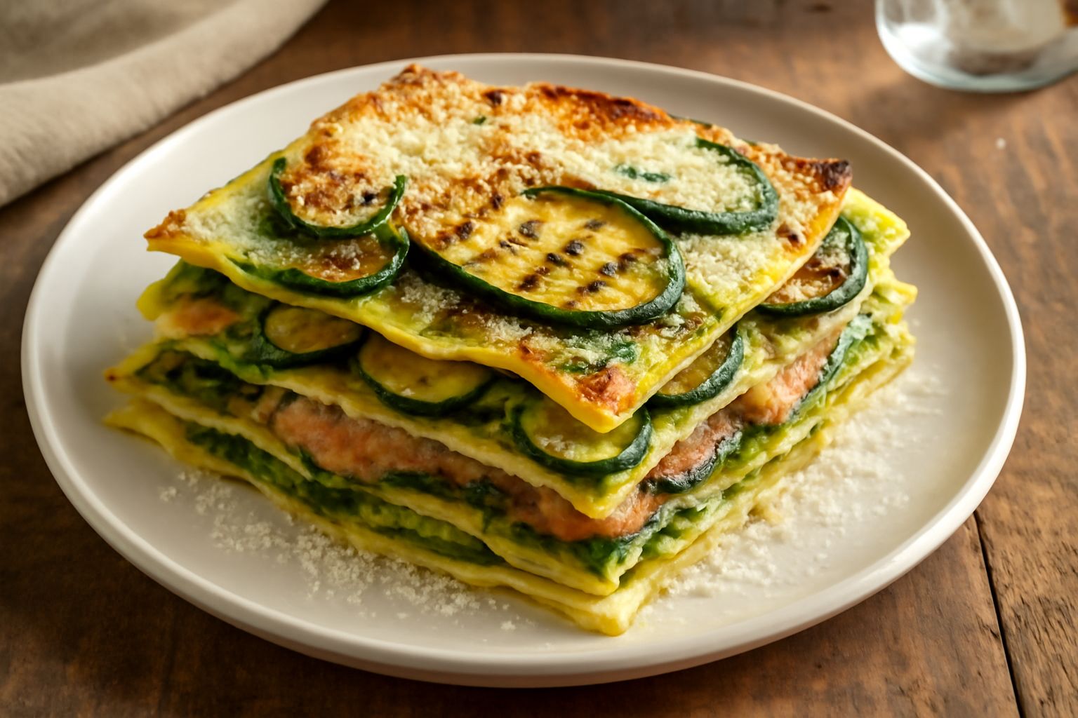 Lasagne della Liguria tagliate e servite nel piatto, strati visibili di pasta gialla, verde salsa pesto, ragù rosso leggero, zucchine e melanzane grigliate, bordo di formaggio gratinato dorato