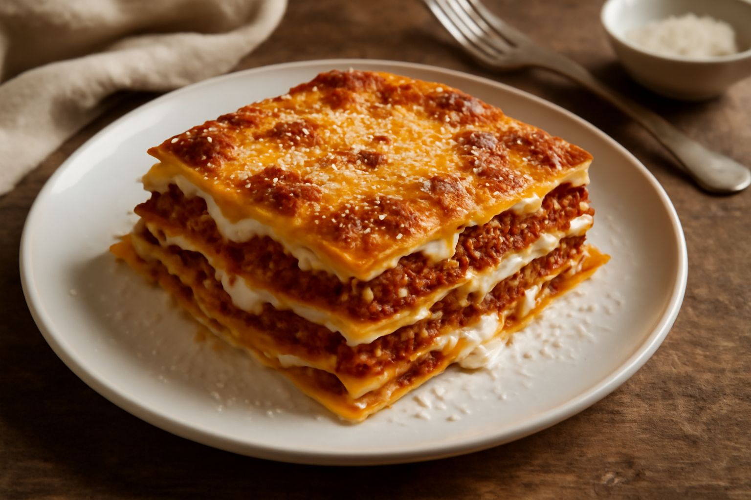 Una porzione di lasagne della nonna in piatto bianco, mostra chiaramente gli strati di pasta gialla, ragù rosso scuro e besciamella cremosa bianca, vapore leggero sale dalla superficie, contorno di pa