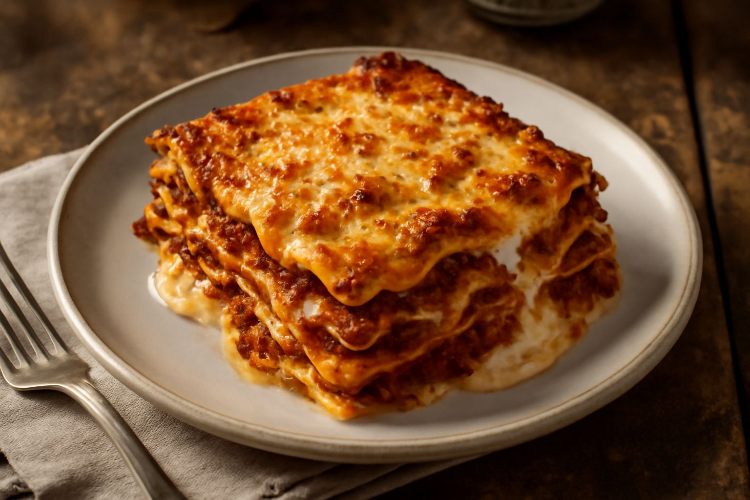 Porzione di lasagne appena sfornata, con strati dorati di pasta all'uovo, ragù rosso scuro e besciamella bianca e cremosa che fuoriesce dai lati, servita in piatto bianco