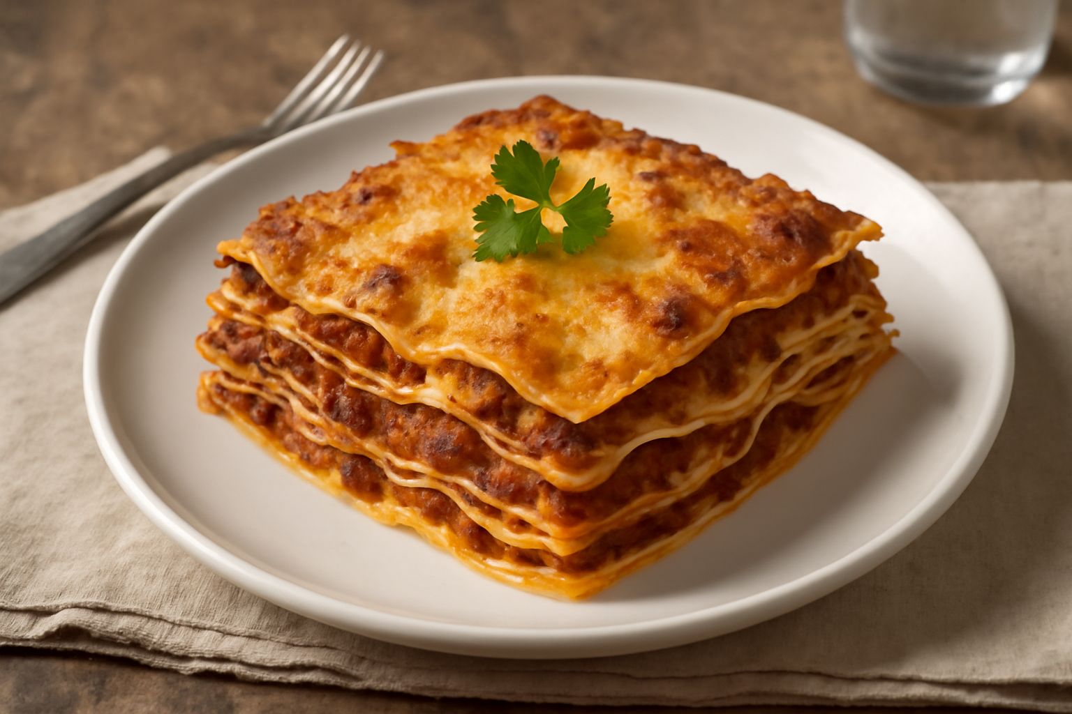 Porzione di lasagne appena tagliata in piatto bianco, con strati visibili di pasta all'uovo dorata, ragù rosso scuro, béchamel cremosa e formaggio fuso sulla superficie, vapore che sale ancora dal pia