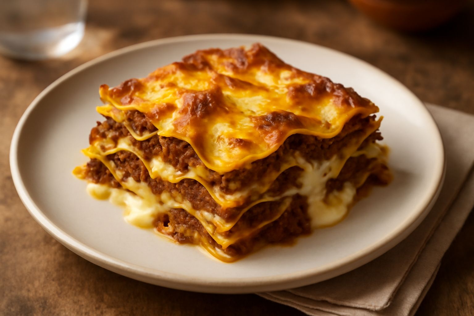 Lasagne lucchesi tagliate in quadrato nel piatto, con strati visibili di pasta gialla, ragù marrone e besciamella bianca cremosa, bordi leggermente dorati al forno