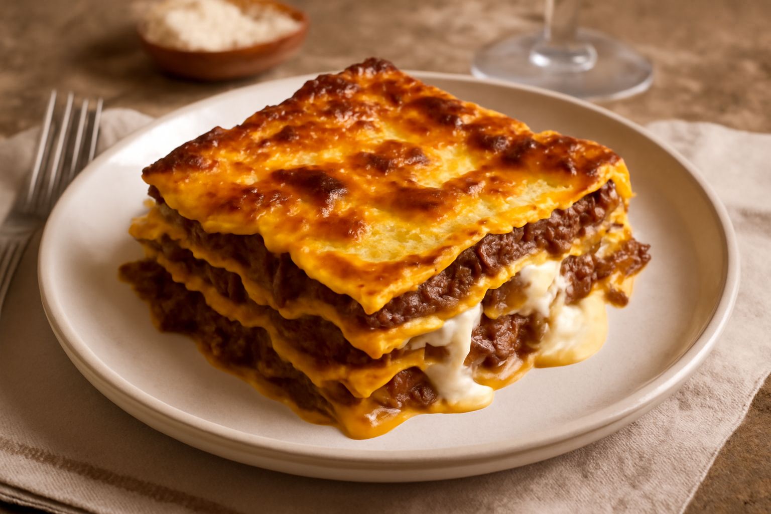 Lasagne lucchesi tagliate in quadrato nel piatto, con strati visibili di pasta gialla, ragù marrone e besciamella bianca cremosa, bordi leggermente dorati al forno