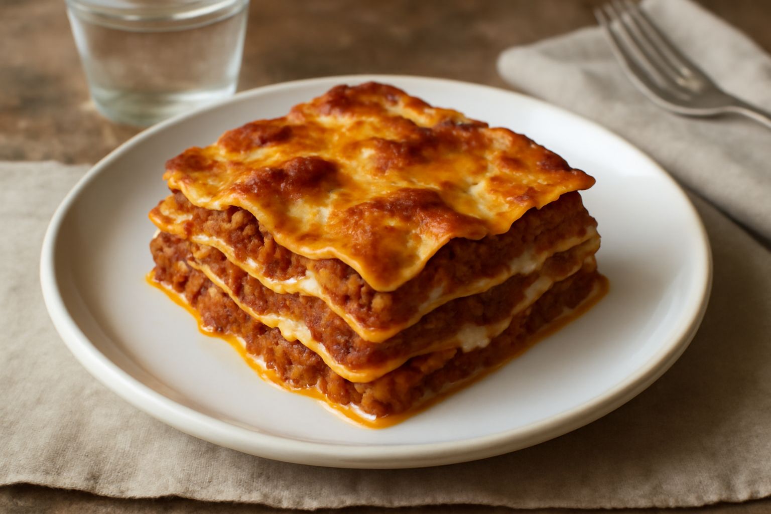 Lasagne tagliate in quadrato che mostrano i strati di sfoglia giallo dorato, ragù rosso scuro di carne macinata, béchamel bianca densa e melanzana grattugiata color oro sulla superficie, servita in pi