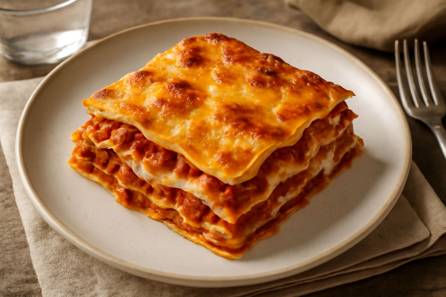 Porzione di lasagne maremmane appena sfornate, con sfoglia dorata in superficie, stratificazione visibile al taglio, ragù rosso scuro che fuoriesca leggermente dai bordi, besciamella cremosa color avo
