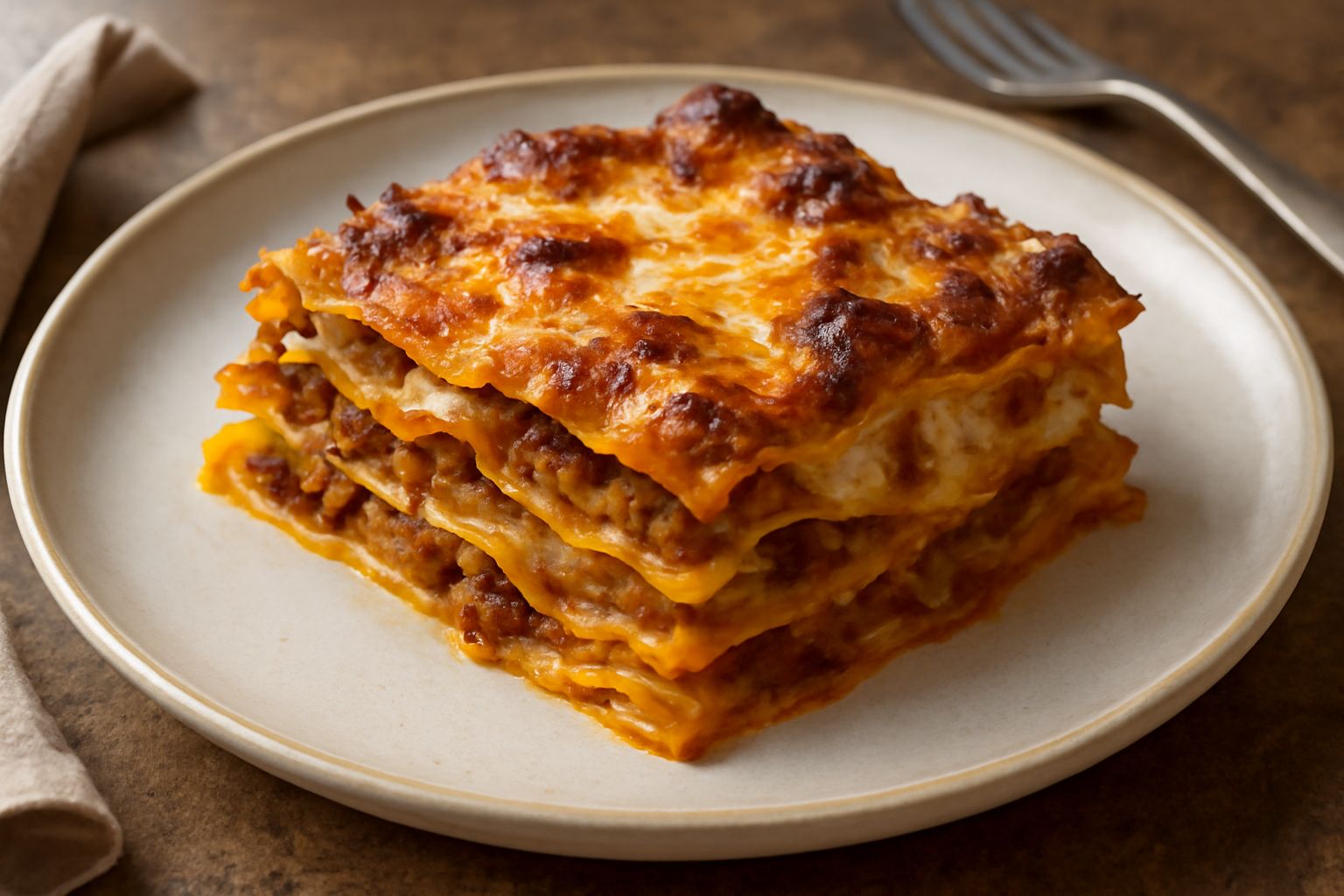 Lasagne viterbese al forno appena tolte dal calore, con superficie dorata e croccante, stratificazione visibile sul bordo, servite in piatto bianco con posate