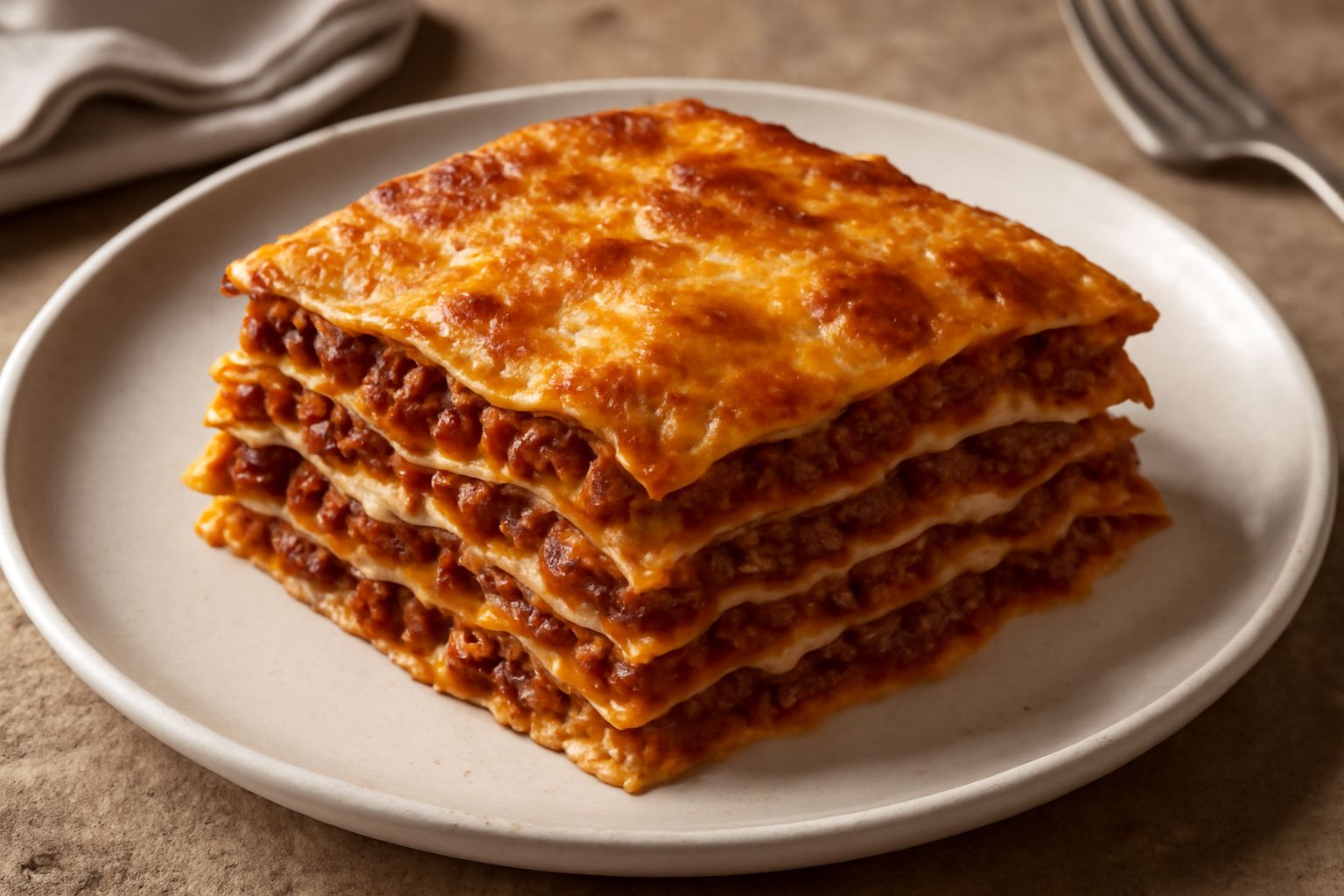 Lasagne appena sfornate in pirofila bianca, superfice dorata e croccante, pasta visibile dai bordi con ripieno rosso e besciamella crema, vapore che sale