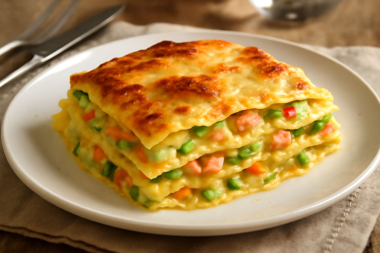 Lasagne della vigilia tagliate a quadrati, dorate in superficie con béchamel crema, dentro sfoglie fini, filetti di pesce bianco e punte di verde delle verdure, presentate su piatto bianco