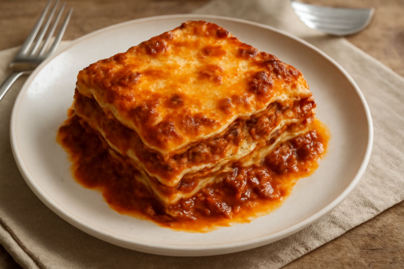 Lasagne di carne tagliate in quadrato, porzione scaloppina su piatto bianco, sfoglie visibili con ragù rosso e besciamella beige, formaggi grattati in superficie dorata, contorno di insalata fresca