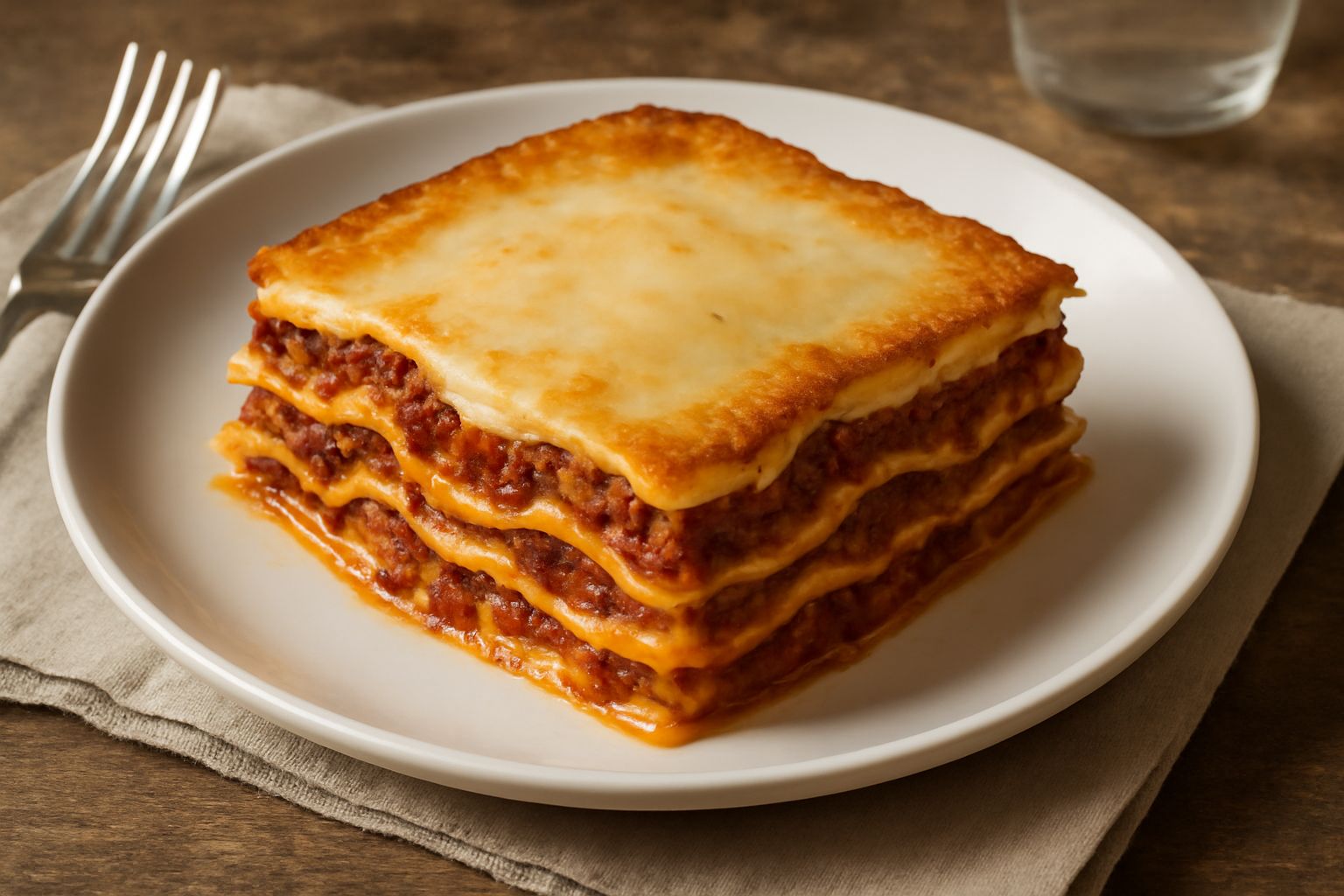Lasagne di carnevale tagliate a quadrato nel piatto bianco, con gli strati di pasta dorata visibili di profilo, ragù rosso scuro tra i livelli, copertura di besciamella cremosa leggermente dorata, bor