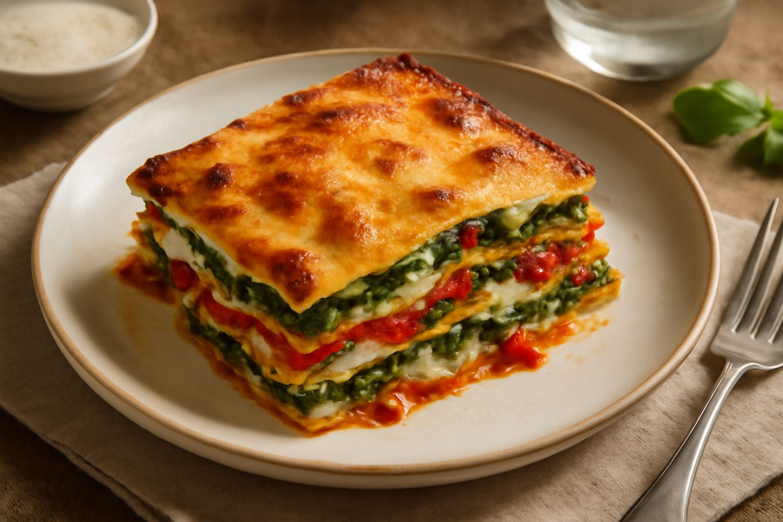 Lasagne di magro tagliate in rettangolo su piatto bianco, strati di pasta gialla, verdure verdi e rosse, besciamella cremosa e dorata in superficie