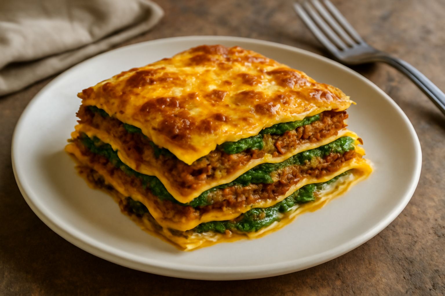 Porzione di lasagne appena sfornata, strati visibili di pasta gialla, ragù rosso-bruno, pesto verde brillante e besciamella cremosa, servita in piatto bianco con forchetta