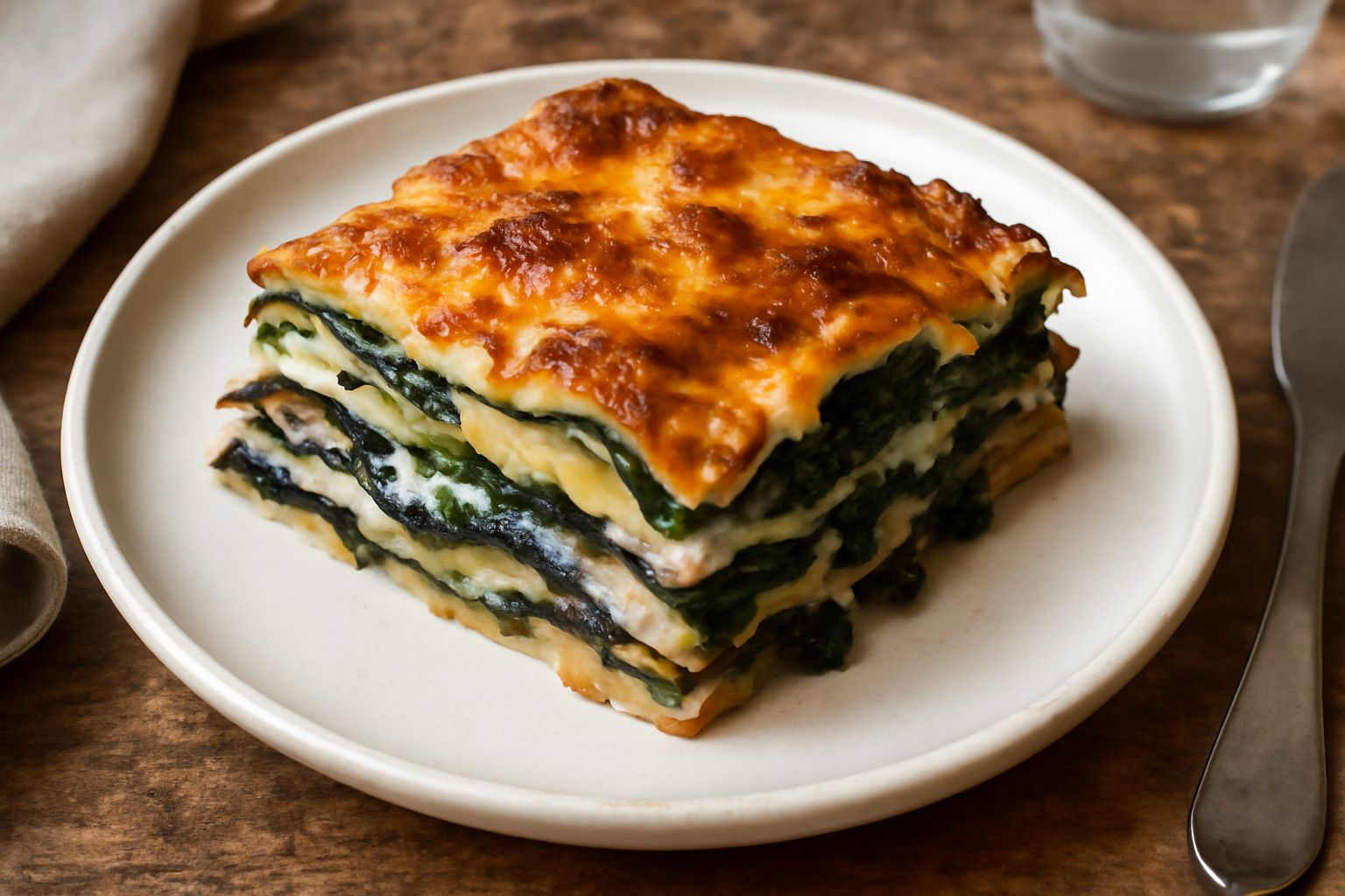 Lasagne di verdure tagliate a rettangolo in un piatto bianco, strati visibili di melanzane viola, zucchine verdi, spinaci scuri e besciamella bianca cremosa, orlo dorato in superficie, contorno di ins