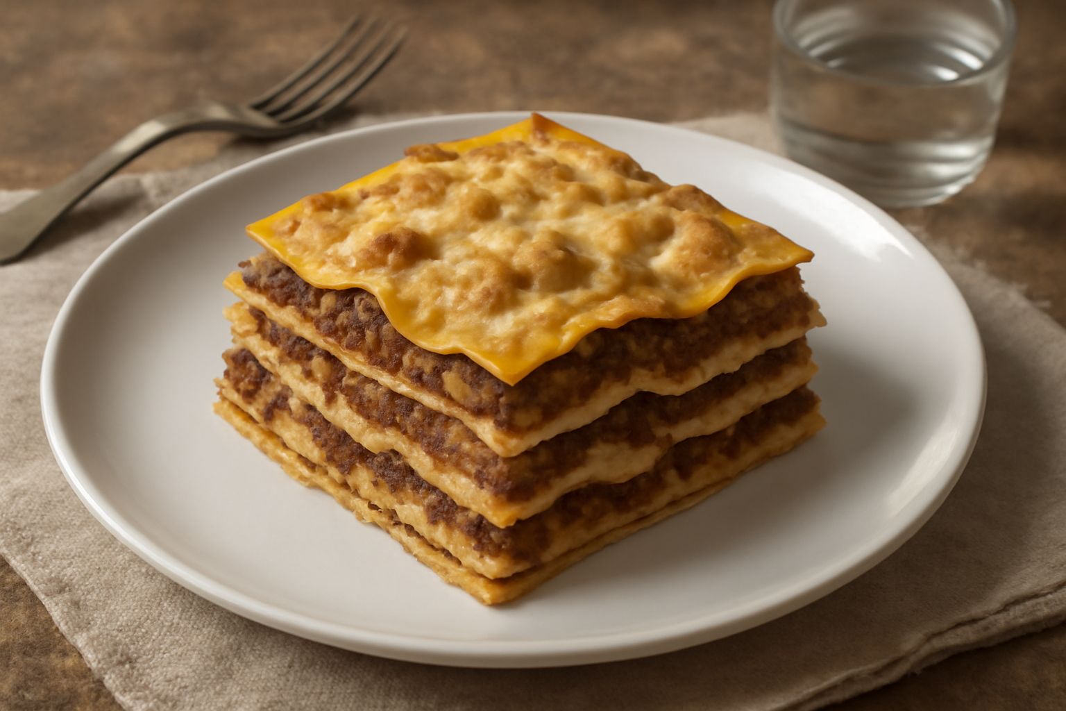 Lasagne friulane tagliate in rettangoli che mostrano strati ordinati di pasta gialla, ragù marrone scuro e salsa di noci beige, servite in piatto bianco con un bordo di prezzemolo fresco