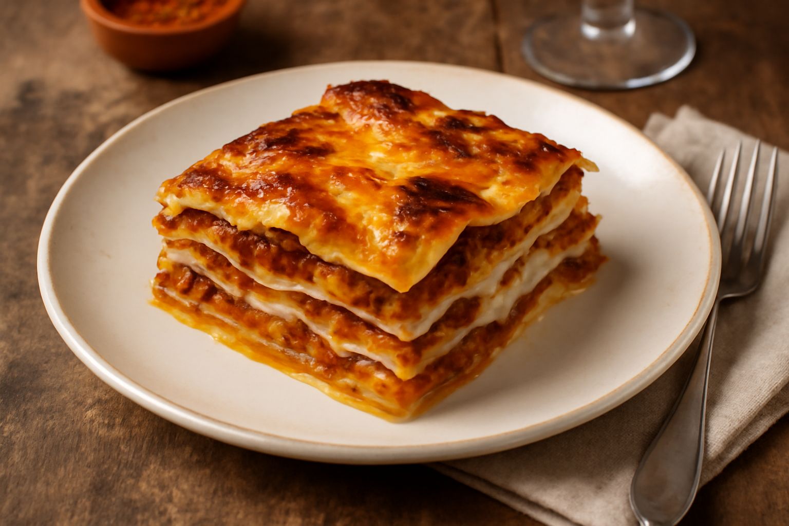 Lasagne marchigiane tagliate a quadrato nel piatto, visibili gli strati di pasta gialla, ragù rosso scuro e besciamella bianca, superficie dorata al forno, guarnita con parmigiano grattugiato