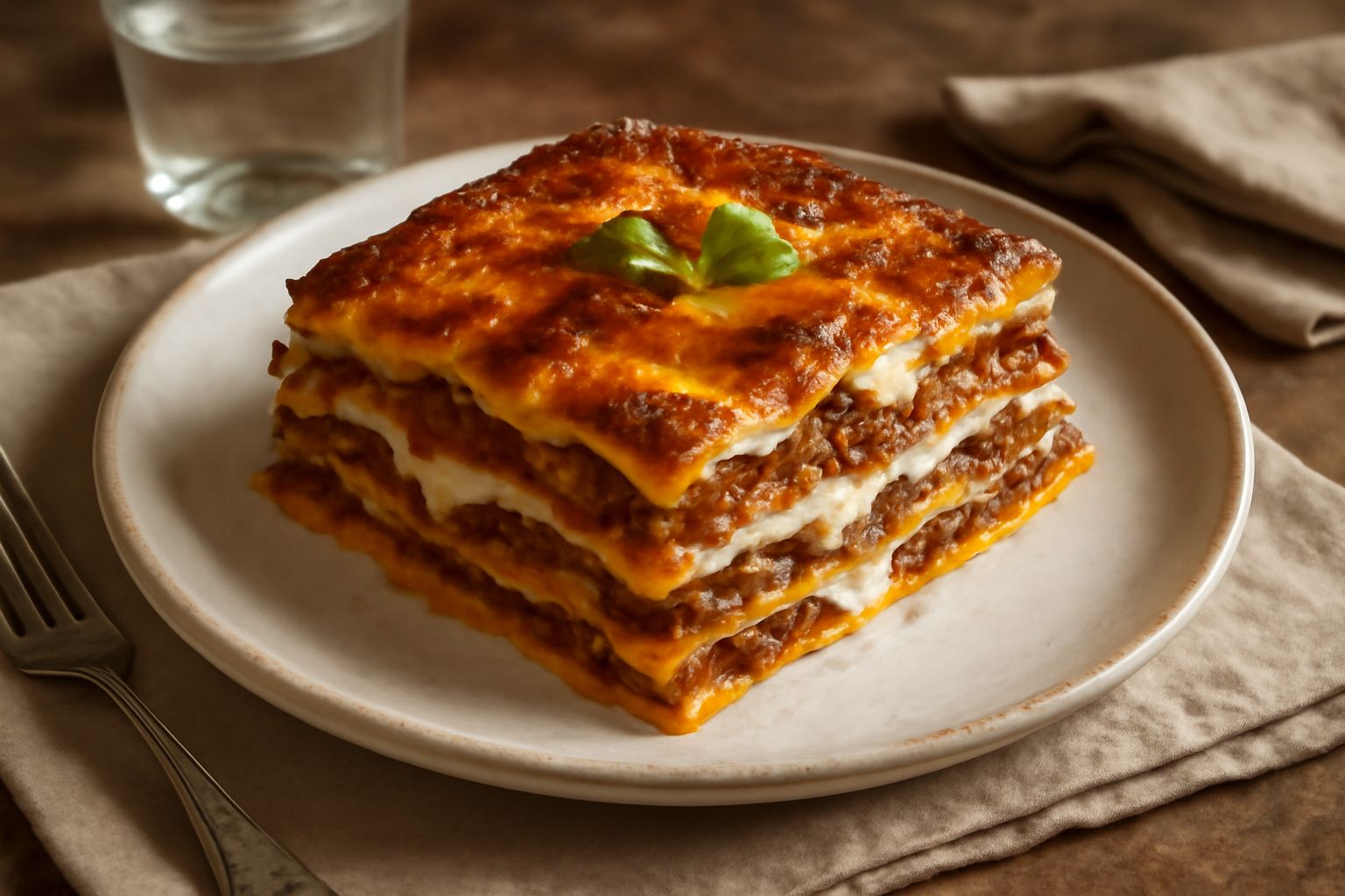 Lasagne molisane dorate tagliate a porzione, con strati visibili di pasta gialla, ragù marrone scuro, besciamella color panna e formaggio fuso, servite in piatto bianco.