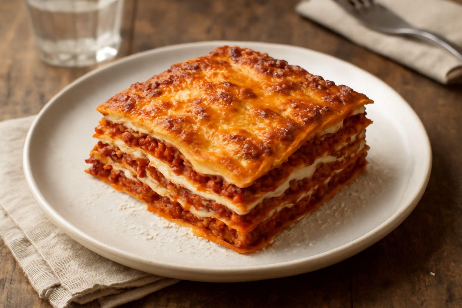 Lasagne triestine appena sfornate in pirofila di ceramica bianca, strati rossi di ragù e bianchi di besciamella visibili dai lati, superficie dorata e leggermente gratinata al parmigiano, vapore ancor