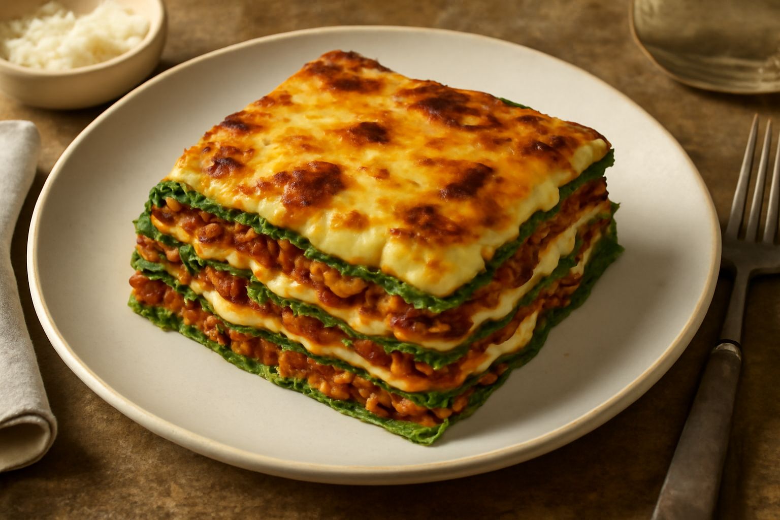 Lasagne verdi in piatto bianco, tagliata a porzione quadrata, con strati visibili di pasta verde, ragù rosso-marrone e besciamella giallo-cremosa, gratinata dorata in superficie, contorno di piatto bi