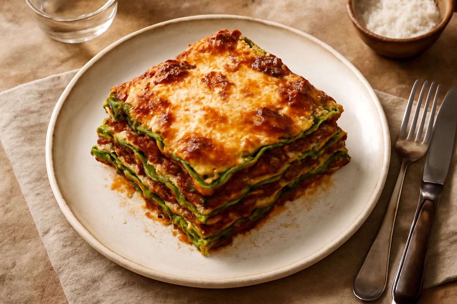 Lasagne verdi appena sfornate con strati visibili di pasta verde, ragù rosso e besciamella bianca, servite in una pirofila di ceramica