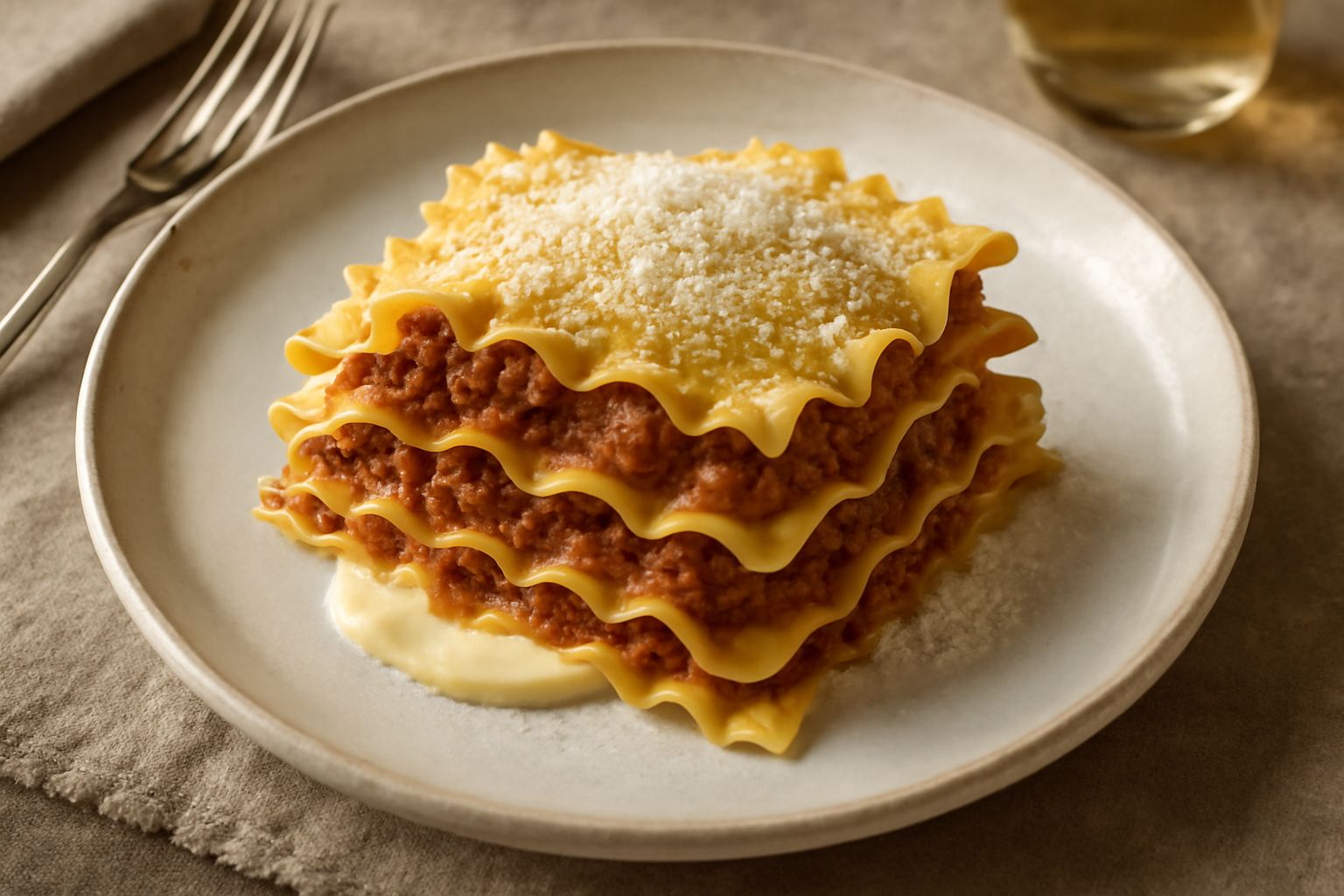 Lasagnette dorate in piatto bianco con ragù rosso ai bordi, besciamella cremosa visibile tra gli strati, guarnite con parmigiano grattugiato e prezzemolo fresco