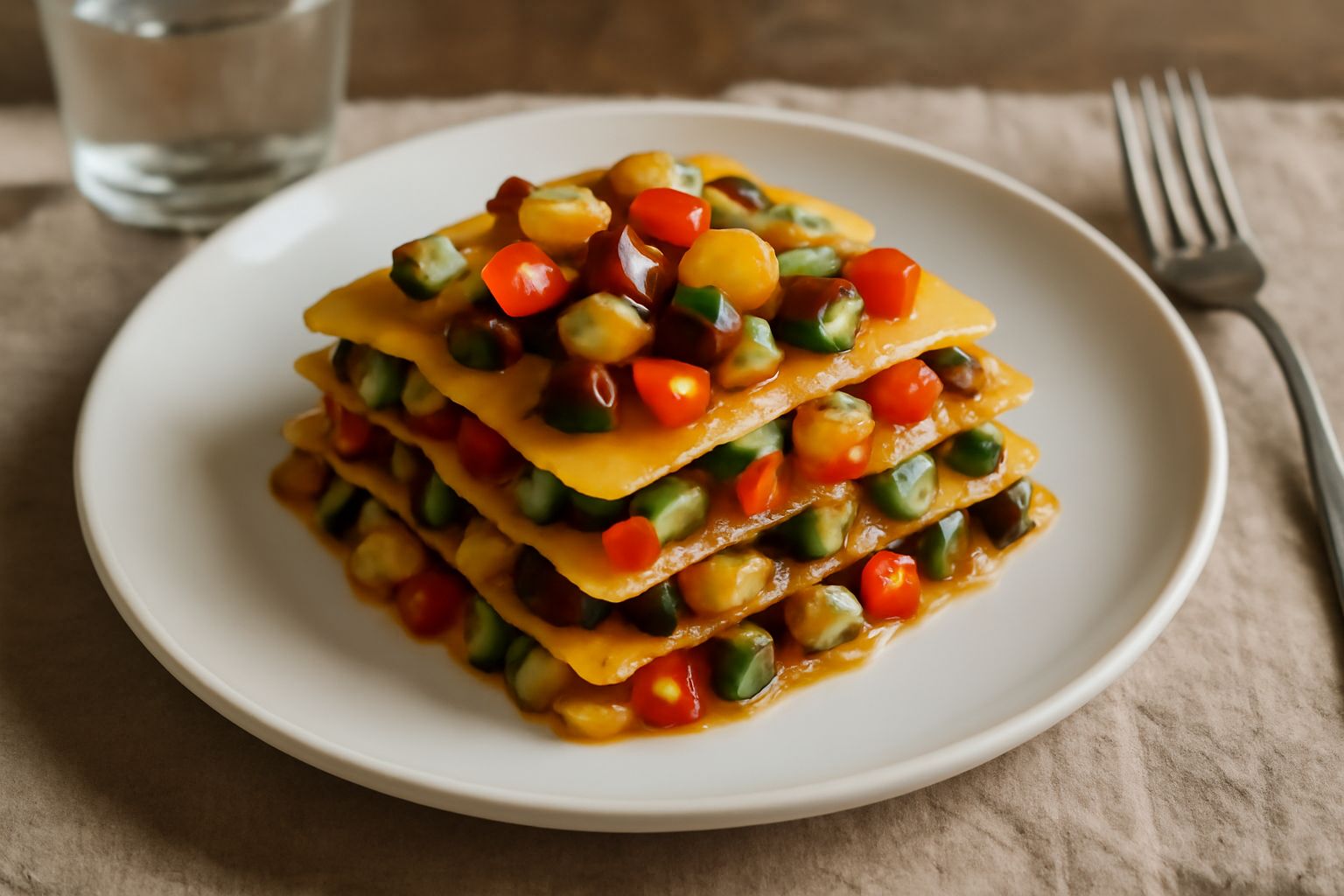 Piatto di lasagnette servite in bianco con verdure colorate ben visibili: strati di zucchine verdi, melanzane viola scuro e peperoni rossi, guarnite con prezzemolo fresco e una leggera spolverata di p