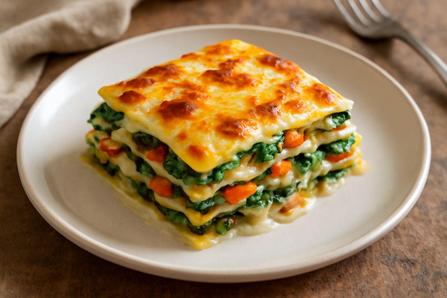 Lasagnette di magro in un piatto bianco, taglio singolo che mostra gli strati di pasta sottile, verdure verdi e rosse, besciamella color avorio e formaggio grattugiato dorato in superficie, contornate