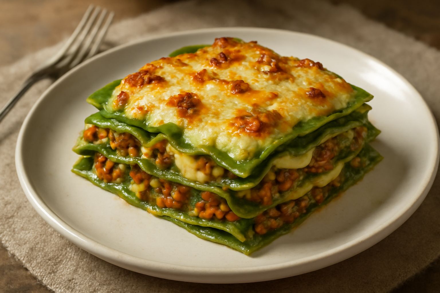 Lasagnette verdi appena sfornate in un piatto quadrato bianco, strati alternati di pasta verde scuro e ragù marrone con besciamella dorata in superficie, spolverata di parmigiano grattugiato.