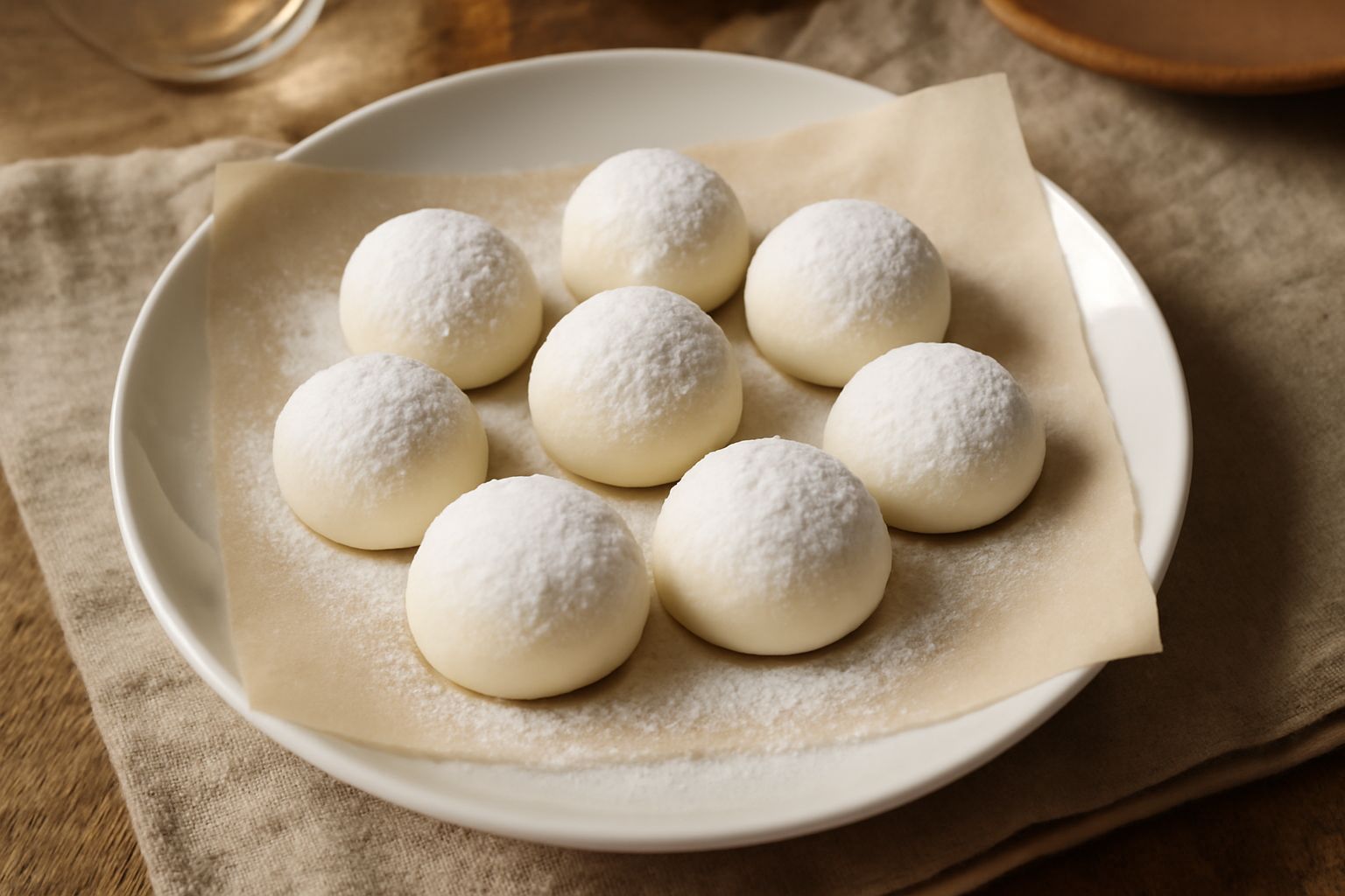 Lattaioli bianchi e cremosi disposti su un piatto bianco, cosparsi di zucchero a velo, con una texture morbida e leggermente brillante, accompagnati da una tazza di caffè