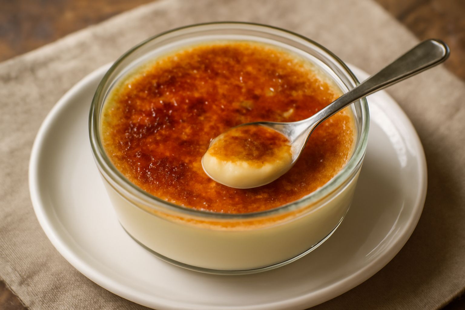 Tazza di vetro con crema di latte brûlée color panna, crosticina di zucchero caramellato dorato-marrone in superficie, cucchiaio di metallo appoggiato sul bordo, fondo bianco
