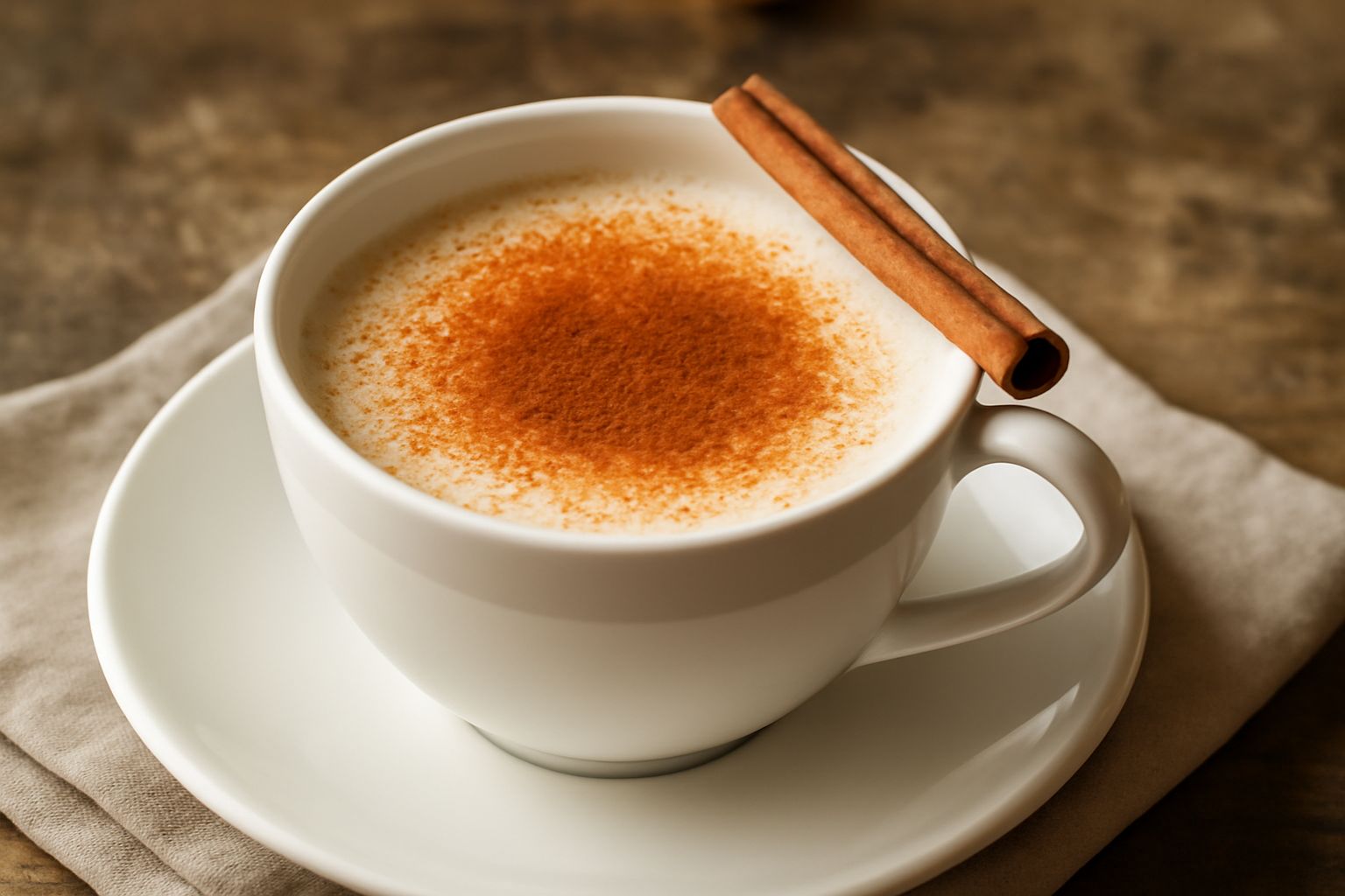 Tazza di ceramica bianca con latte cremoso color nocciola, spolverato in superficie con polvere di cannella, con una stecca di cannella appoggiata sul bordo, vapore leggero che sale dalla bevanda, su 