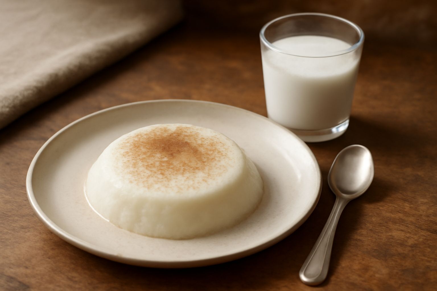 Un bicchiere di latte bianco cremoso con schiuma leggera in superficie, servito su un piattino bianco con un cucchiaio, sfondo grigio chiaro