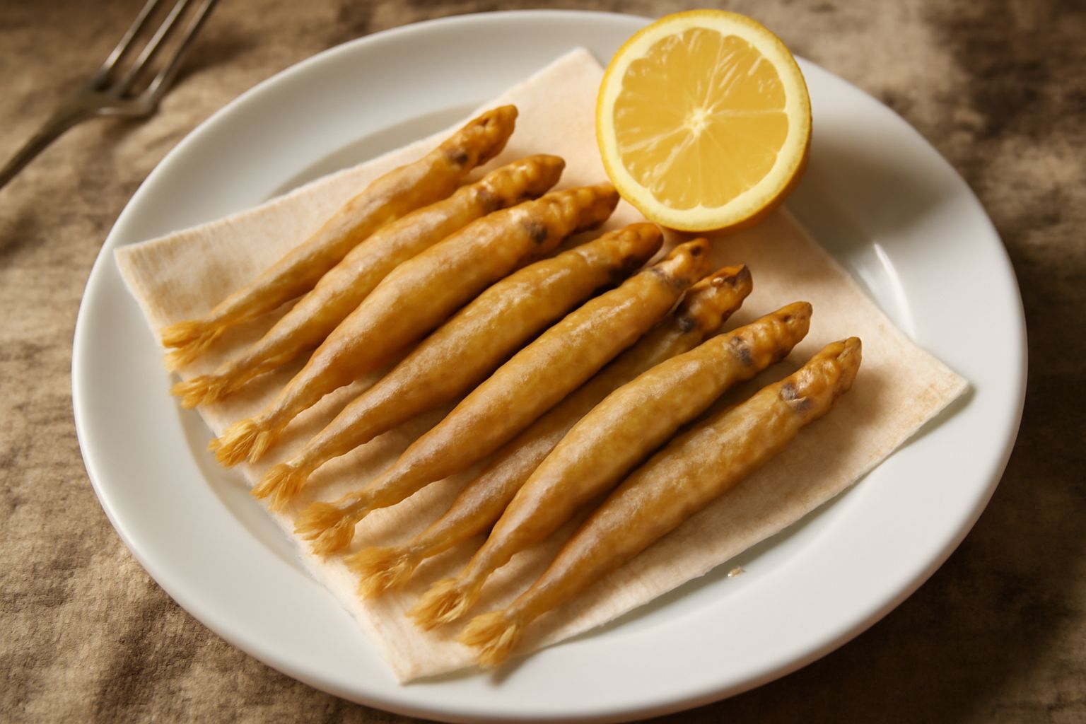 Piatto di latterini fritti color oro dorato, disposti a ventaglio su carta assorbente bianca, ancora fumanti, con limone tagliato a fettine sul contorno e prezzemolo fresco spolverato in superficie