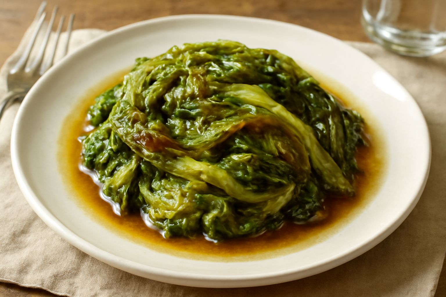 Lattuga brasata in un piatto bianco, foglie appassite color verde scuro con riflessi brunastri, condite di olio, aglio e brodo, servita in piatto da portata.