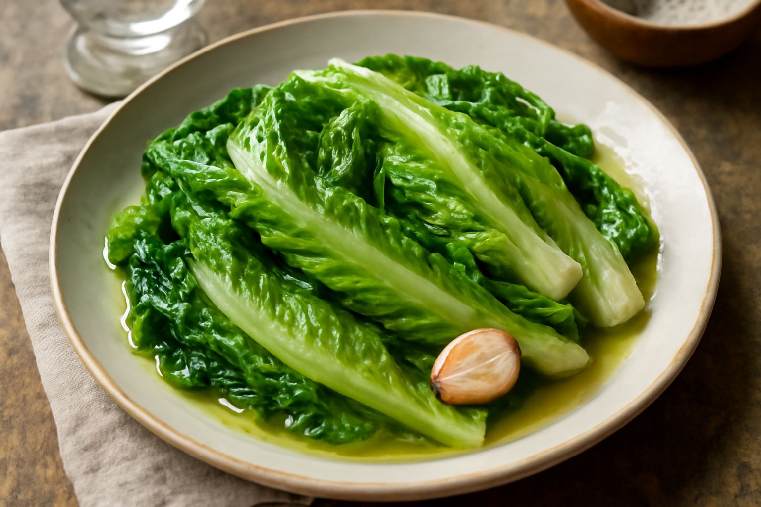 Lattuga croccante appena saltata in padella con spicchi d'aglio dorato, olio d'oliva lucido sulle foglie verdi, servita in un piatto bianco, profumata e verde brillante