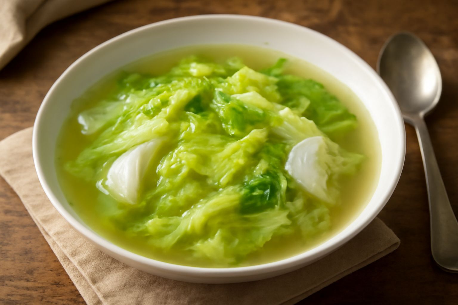 Una ciotola di brodo caldo con fogli di lattuga verde tenera, cipolla bianca e fette di pane tostato ai lati, guarnita con pepe nero macinato fresco