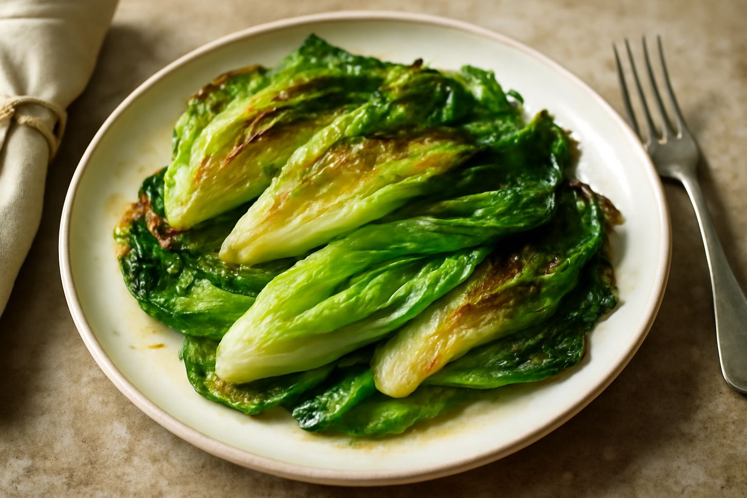 Lattuga verde intenso appassita in padella, con spicchi d'aglio dorato e gocce d'olio d'oliva, servita in un piatto bianco con un filo d'olio a crudo