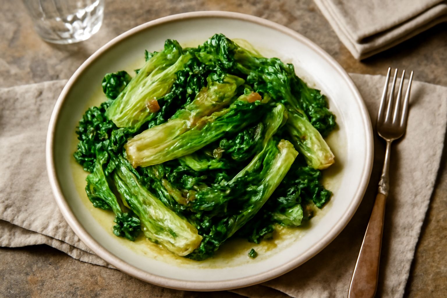 Lattuga verde ripassata in padella scura, ancora croccante, con gocce di olio d'oliva e spicchi d'aglio dorato, su un piatto bianco