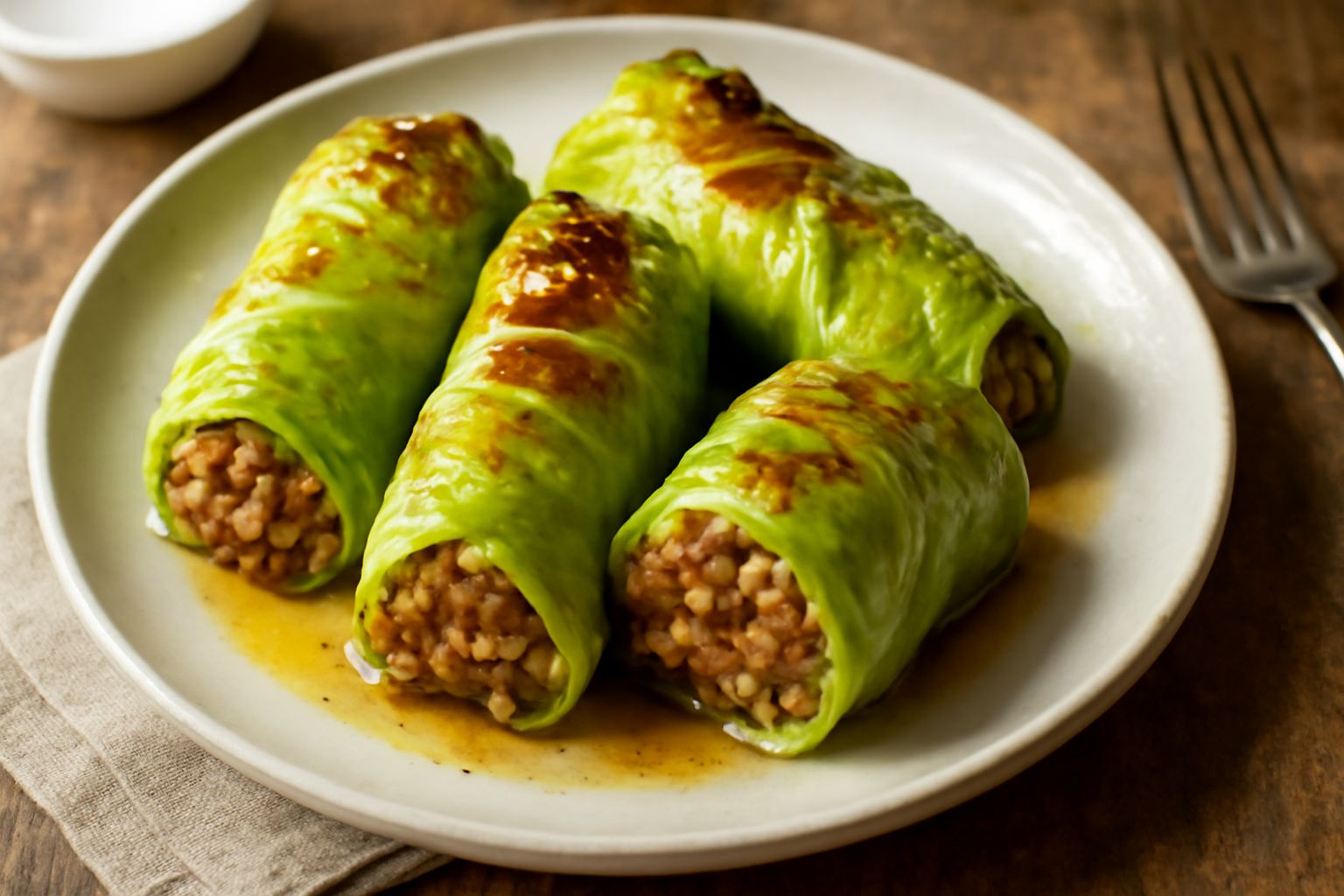 Lattuga ripiena servita in un piatto bianco, foglie verdi di lattuga avvolte intorno al ripieno di carne e riso, cosparse di brodo ridotto, con contorno di verdure miste sfumate