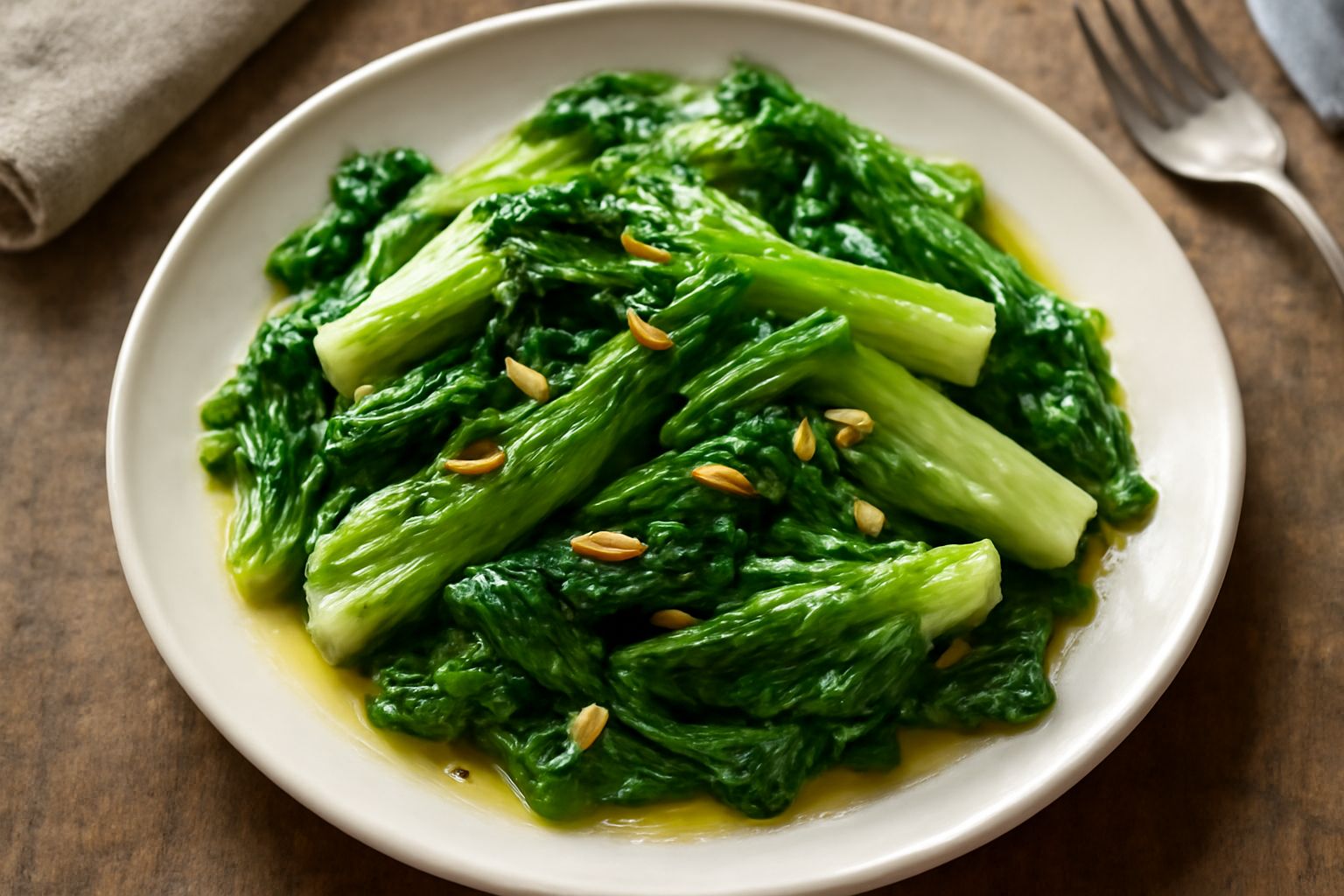 Lattuga verde saltata in una padella antiaderente, ancora croccante, con fili di aglio dorato e una goccia di olio extravergine, vapore leggero che sale dal piatto