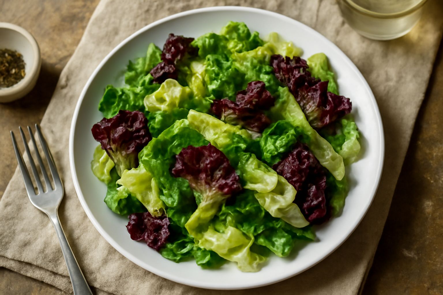 Insalata di lattughe verdi e rosse tagliate in ciminiera, disposte in un piatto bianco con filo d'olio d'oliva, sale grosso e limone appena spremuto sul lato