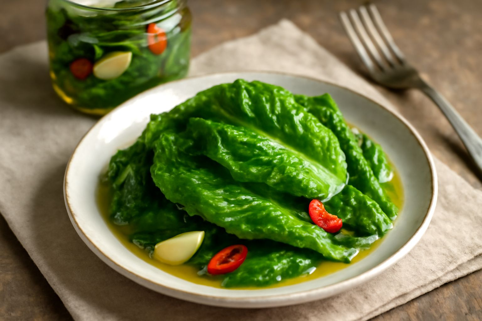 Barattolo di vetro con lattughe verdi croccanti sott'olio trasparente, spicchi di aglio bianco e peperoncini rossi visibili, poste su fondo neutro con luce naturale
