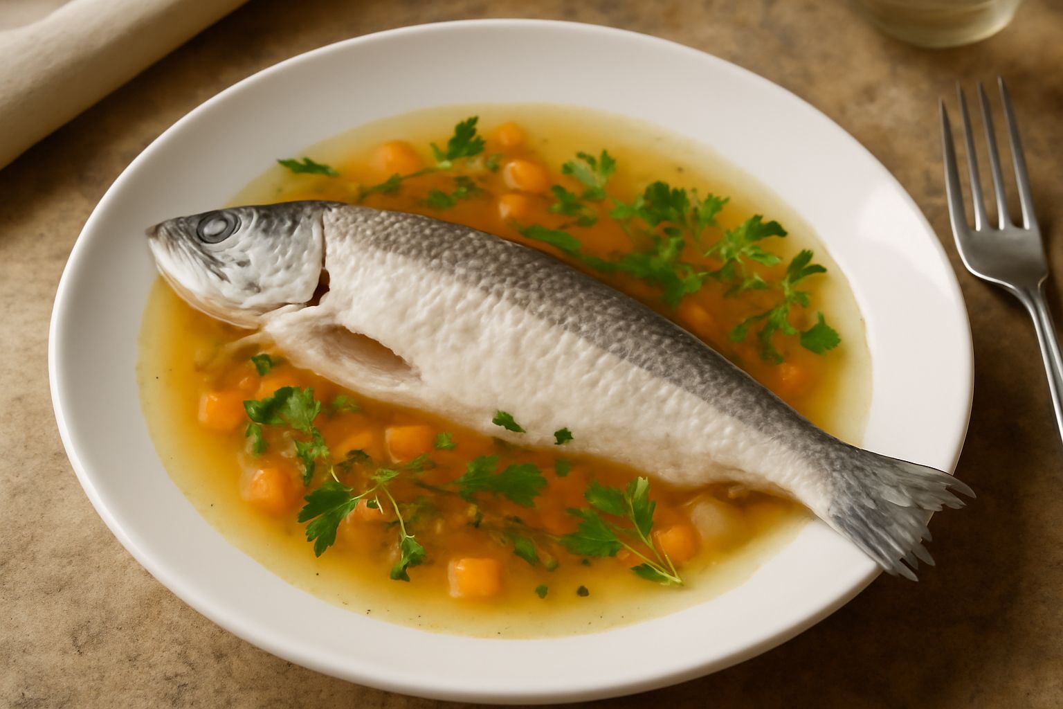 Lavarello intero cotto in umido in una padella larga, circondato da brodo chiaro al vino bianco con fette di limone, prezzemolo fresco e carote tagliate a bastoncini