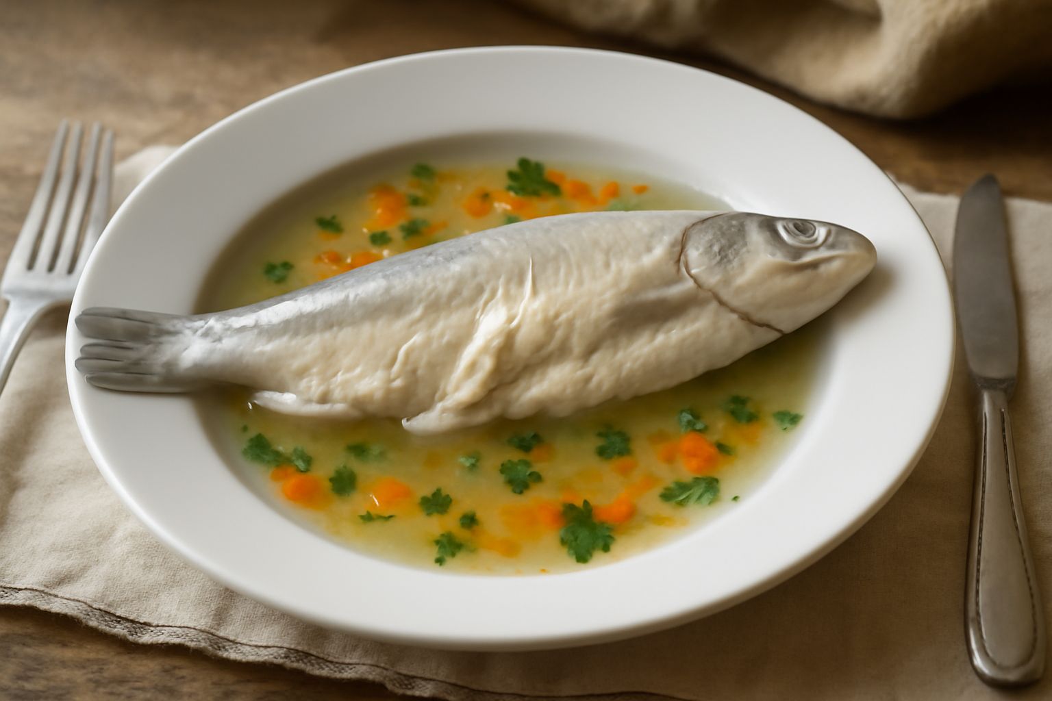 Un lavarello bollito intero, argento e bianco, adagiato su un piatto bianco con contorno di verdure morbide, cavolo e carota, brodo trasparente attorno, prezzemolo fresco spolverato