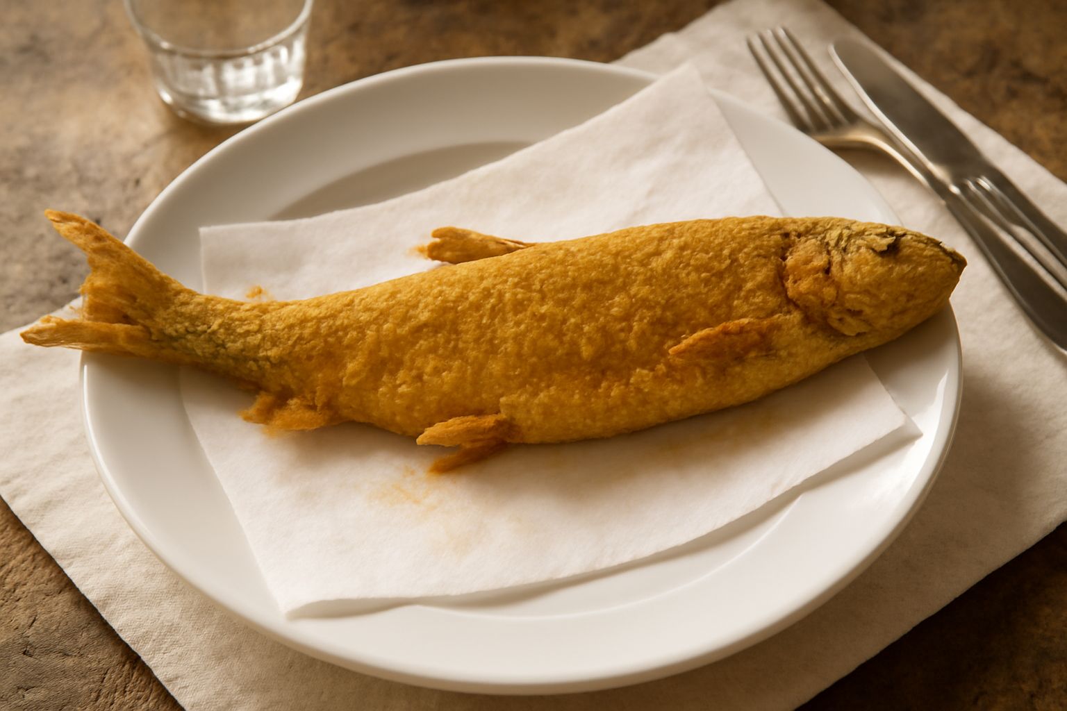 Piatto di lavarelli fritti interi, dorati in crosta croccante, disposti su carta assorbente bianca, contorno di limone fresco tagliato a spicchi, fondo scuro in penombra