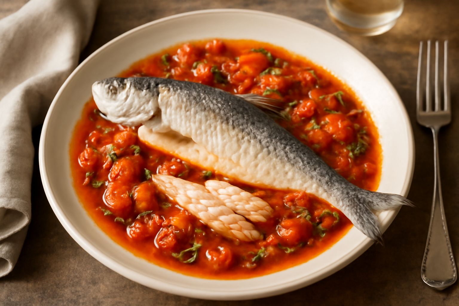 Piatto bianco con lavarello intero cotto in umido, circondato da cipolla morbida, pomodori rossi spezzettati, sedano e carota; brodo leggermente denso nel piatto, prezzemolo verde sopra il pesce