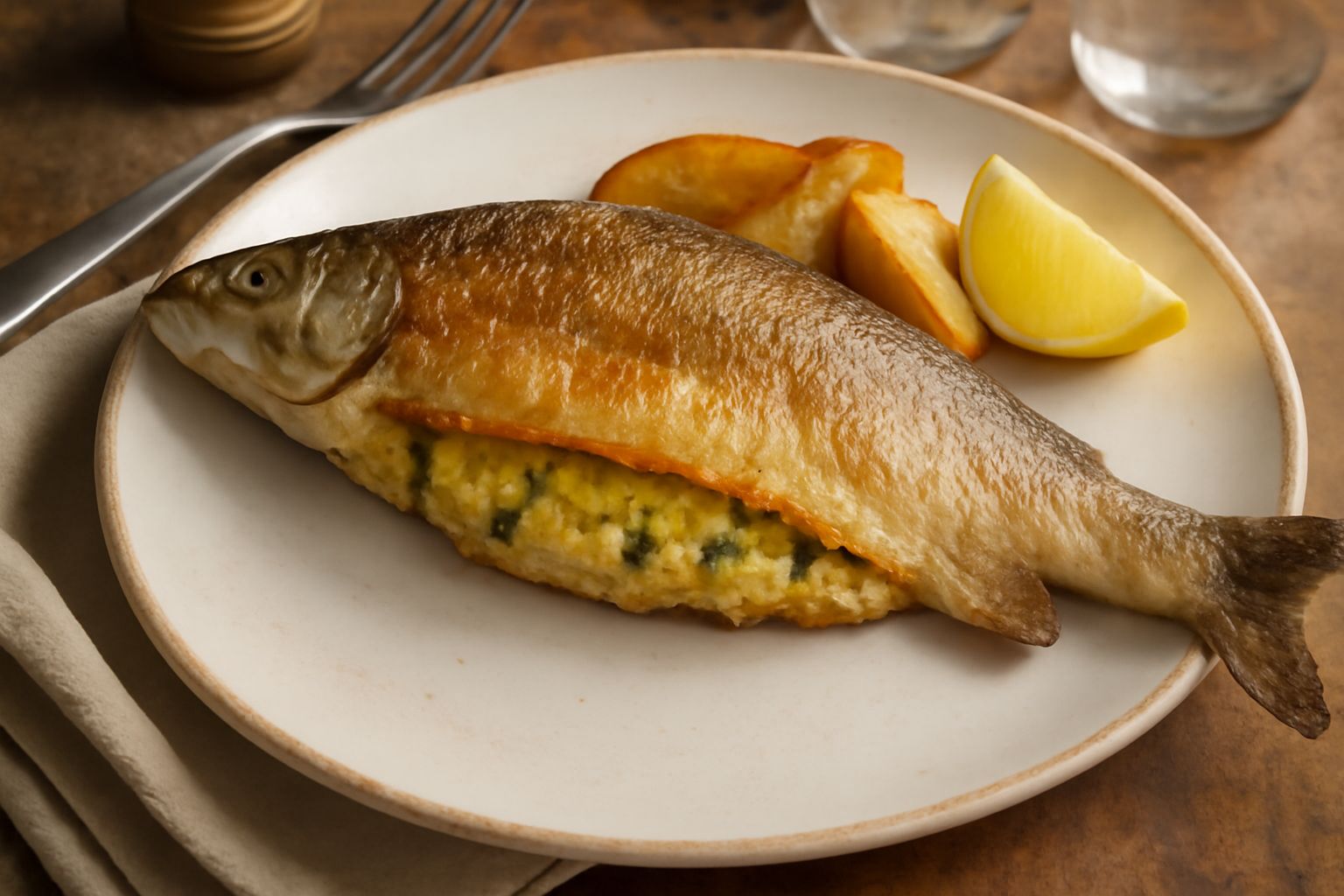 Lavarello intero ripieno cotto al forno, con pelle dorata, posato su un piatto bianco con limone fresco e prezzemolo verde accanto, contorno di verdure grigliate sfumate