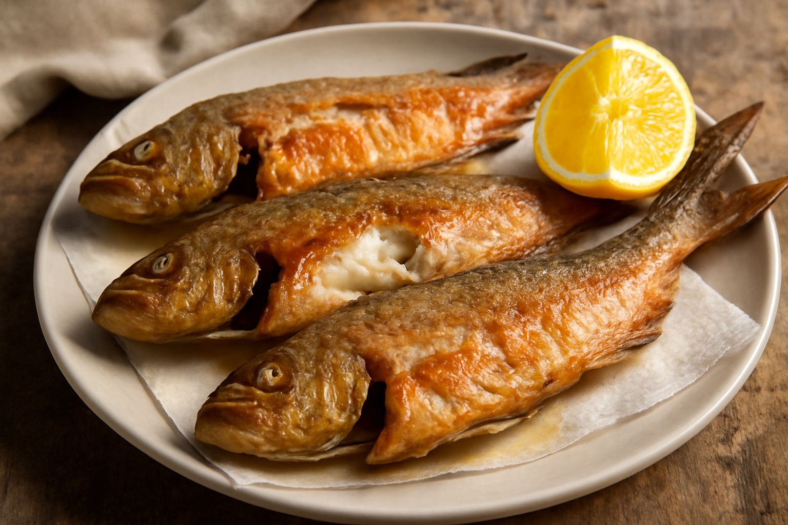 Lecce fritte dorate e croccanti disposte su carta assorbente bianca, con limone fresco tagliato a spicchi e erbe aromatiche intorno al piatto