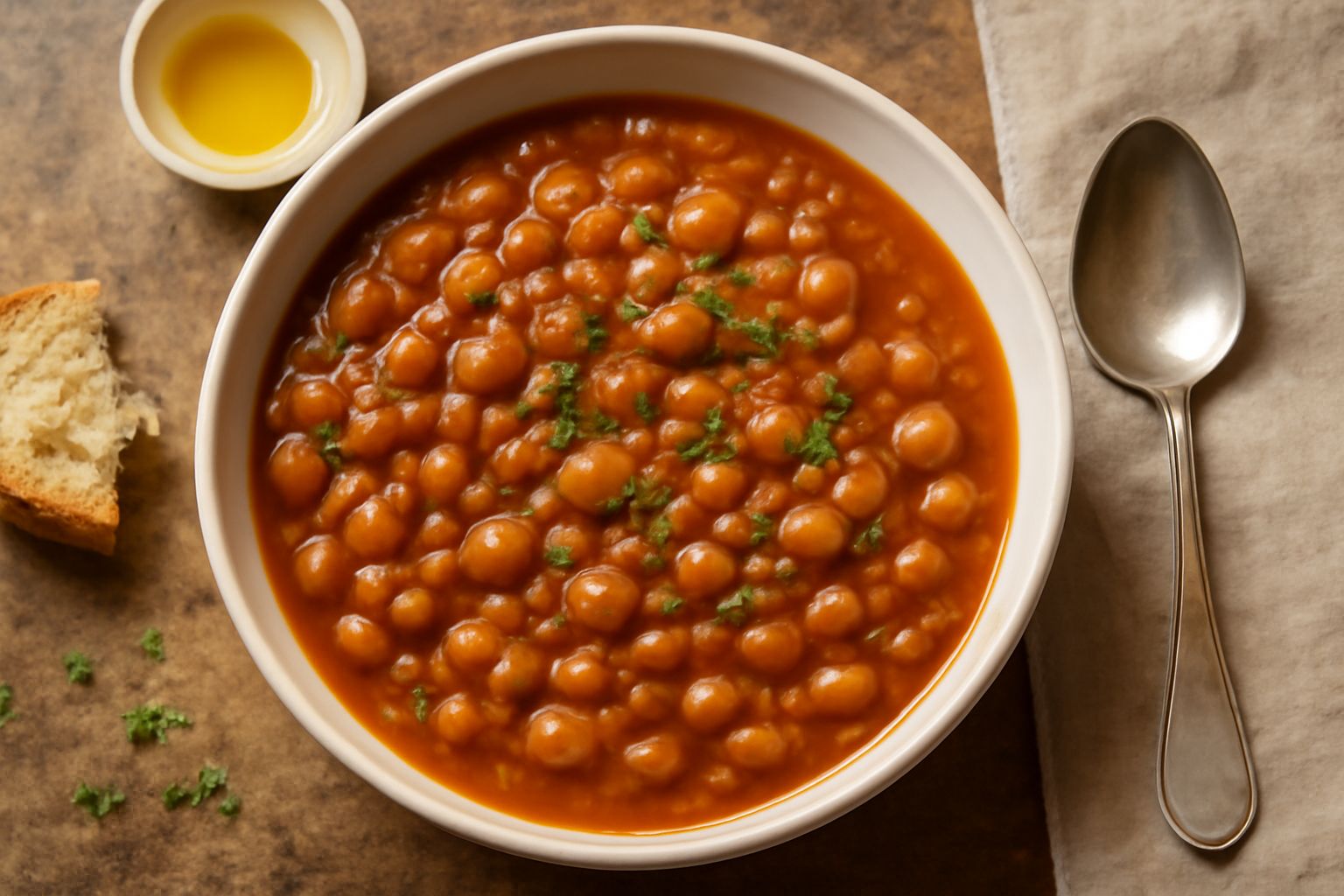 Zuppiera in ceramica bianca contenente legumi cotti in umido color rosso scuro, con fagioli rossi o marroni visibili nel brodo denso, contorno di cipolla morbida e erbe aromatiche in superficie, pane 