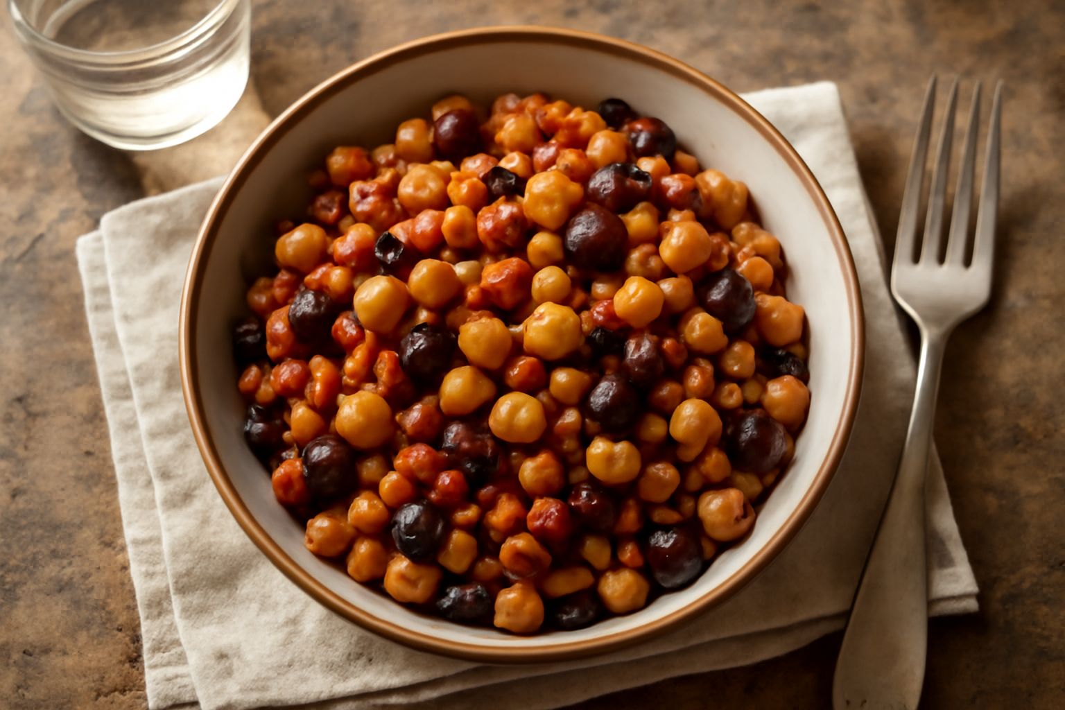 Ciotola di ceramica bianca con legumi misti cotti: lenticchie rosse, ceci gialli e fagioli neri, conditi con olio d'oliva, erbe aromatiche e cipolla rosata, su fondo di legno scuro