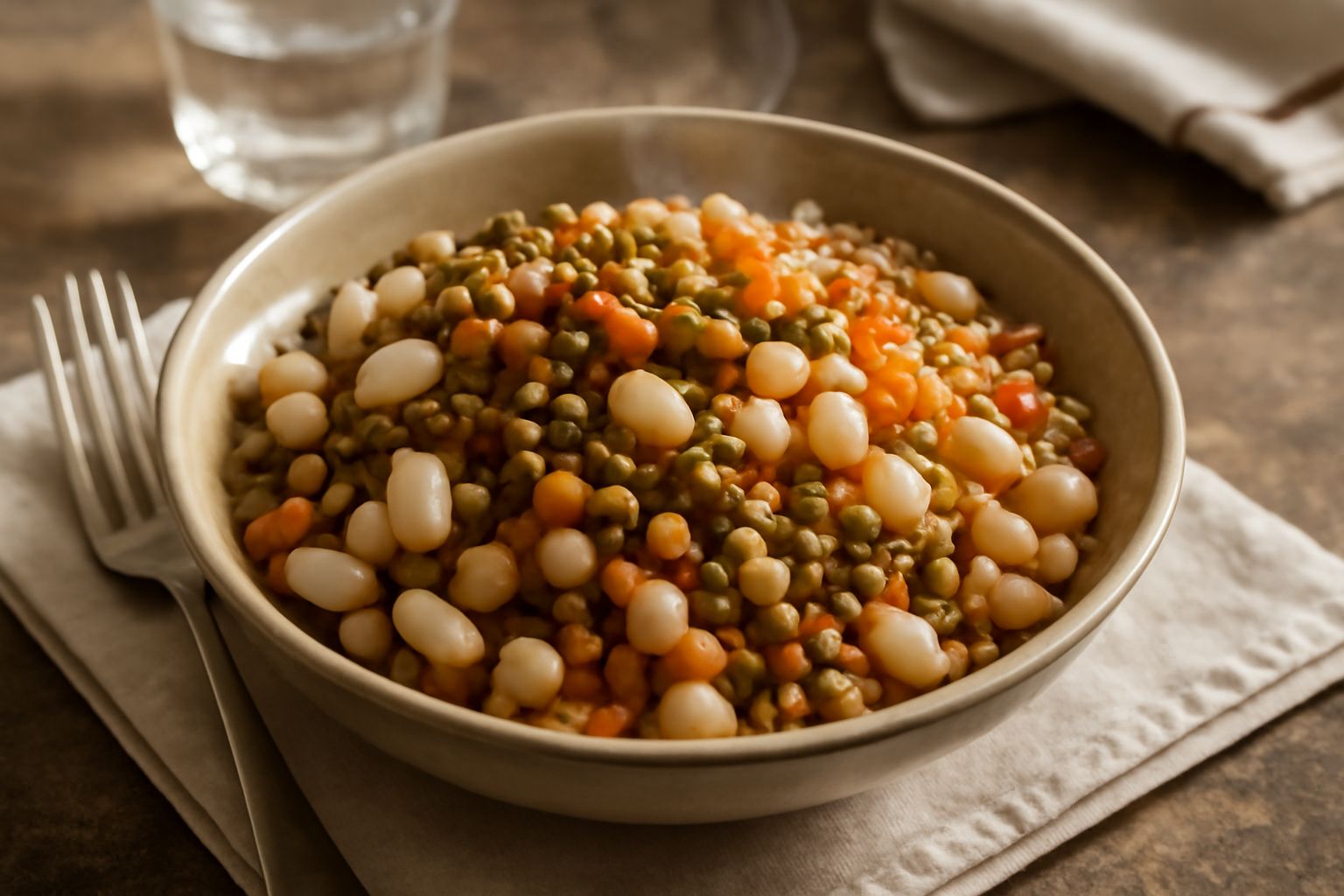 Ciotola bianca con legumi lessati misti (fagioli bianchi, lenticchie rosse, ceci) fumanti appena tolti dal fuoco, conditi con olio extravergine e prezzemolo fresco